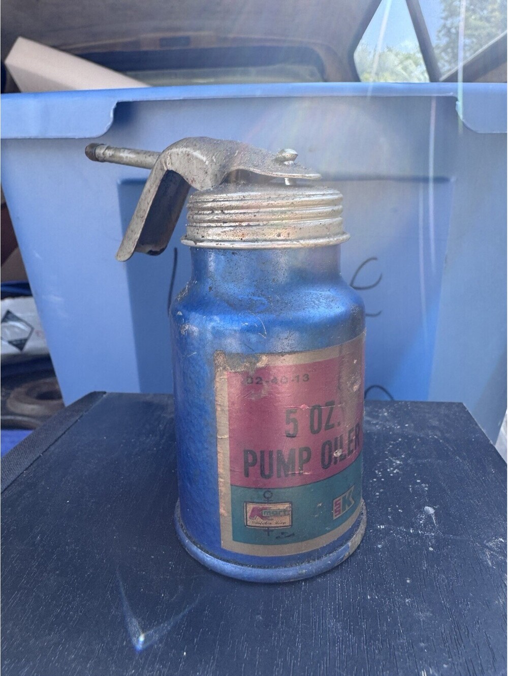 Vintage Kmart 5 oz Pump Oiler Metal Oil Can Thumb Trigger Shop Tool Patina